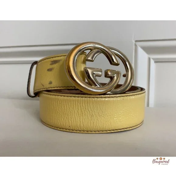 Authentic Gucci Yellow Patent Leather Gold Interlocking G Buckle Belt 85/34